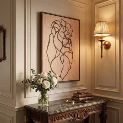 Animal wall art with a minimalist horse line design above a carved console table in an elegant hallway