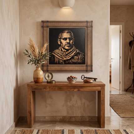 Wood wall art portrait above a wooden console table in a warm hallway interior