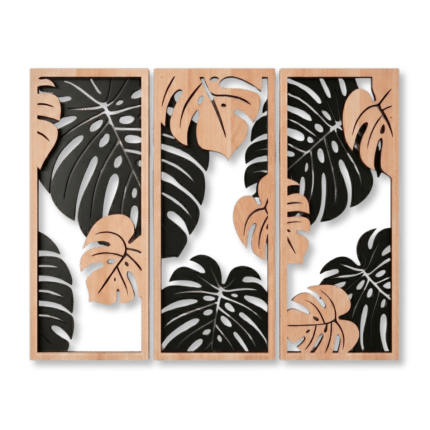 Monstera Triptych Wood Wall Art – Natural & Black
