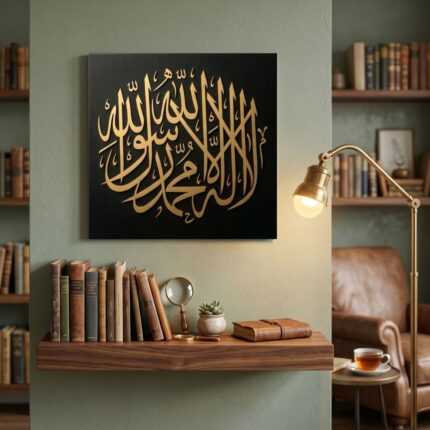 Laser cut Shahada Islamic wall art in gold calligraphy on black wood