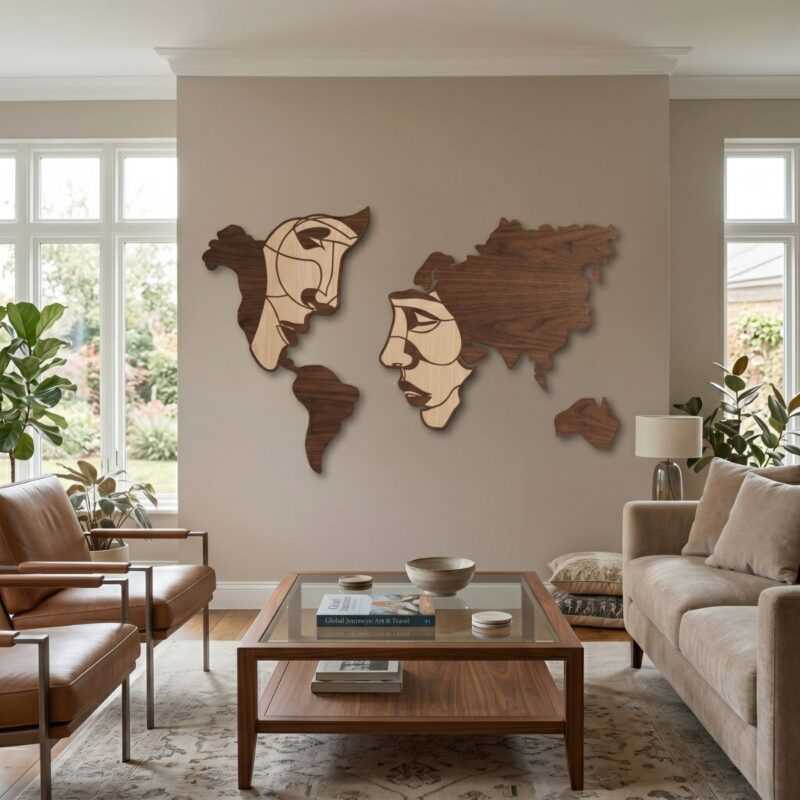 Modern wooden world map wall art in a naturally lit modern living room