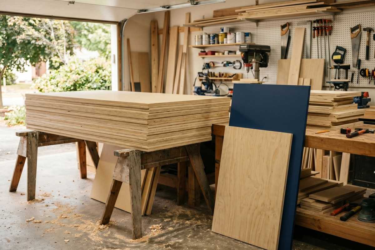 Woodworking workshop with stacked plywood sheets on sawhorses and tools on wall shelves