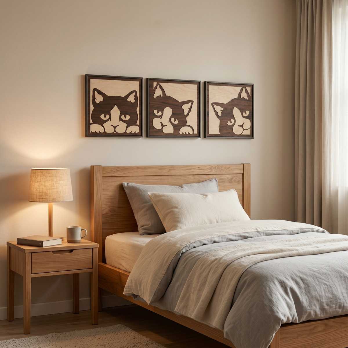 Peeking Cat Animal Wall Art Bedroom Glamorwood Three handcrafted wood wall art panels featuring cat faces hang above a cozy bed in a softly lit bedroom.