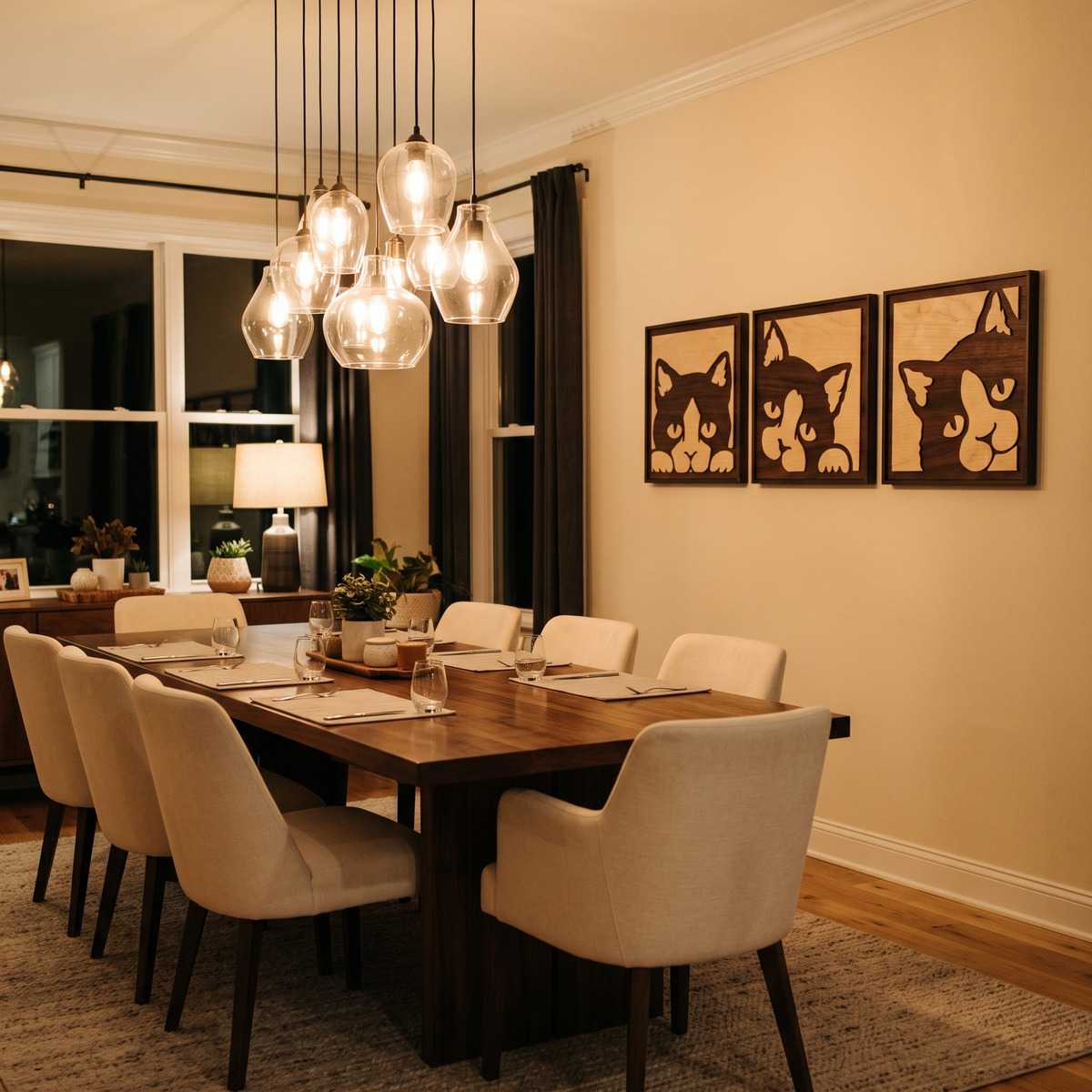 Peeking Cat Animal Wall Art Dining Room Glamorwood Animal wall art featuring three wooden cat portraits above a dining table in a warm modern dining room