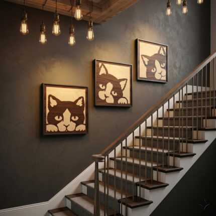 Wood wall art featuring playful cat designs hangs above a staircase in a stylishly lit entryway.