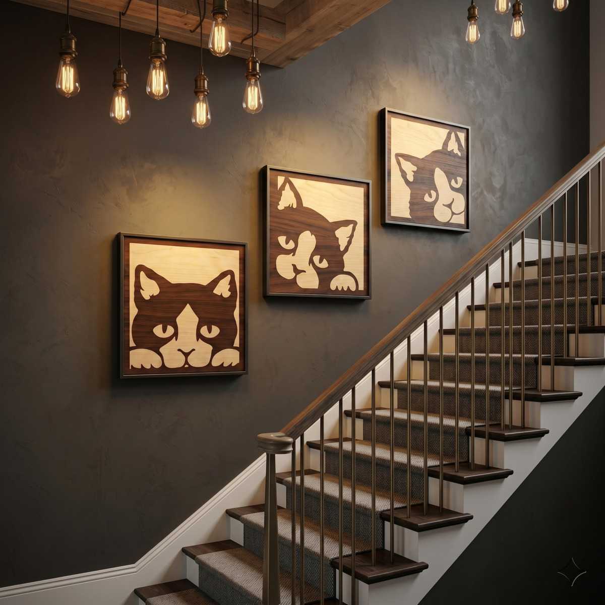 Peeking Cat Animal Wall Art Hallway Glamorwood Wood wall art featuring playful cat designs hangs above a staircase in a stylishly lit entryway.