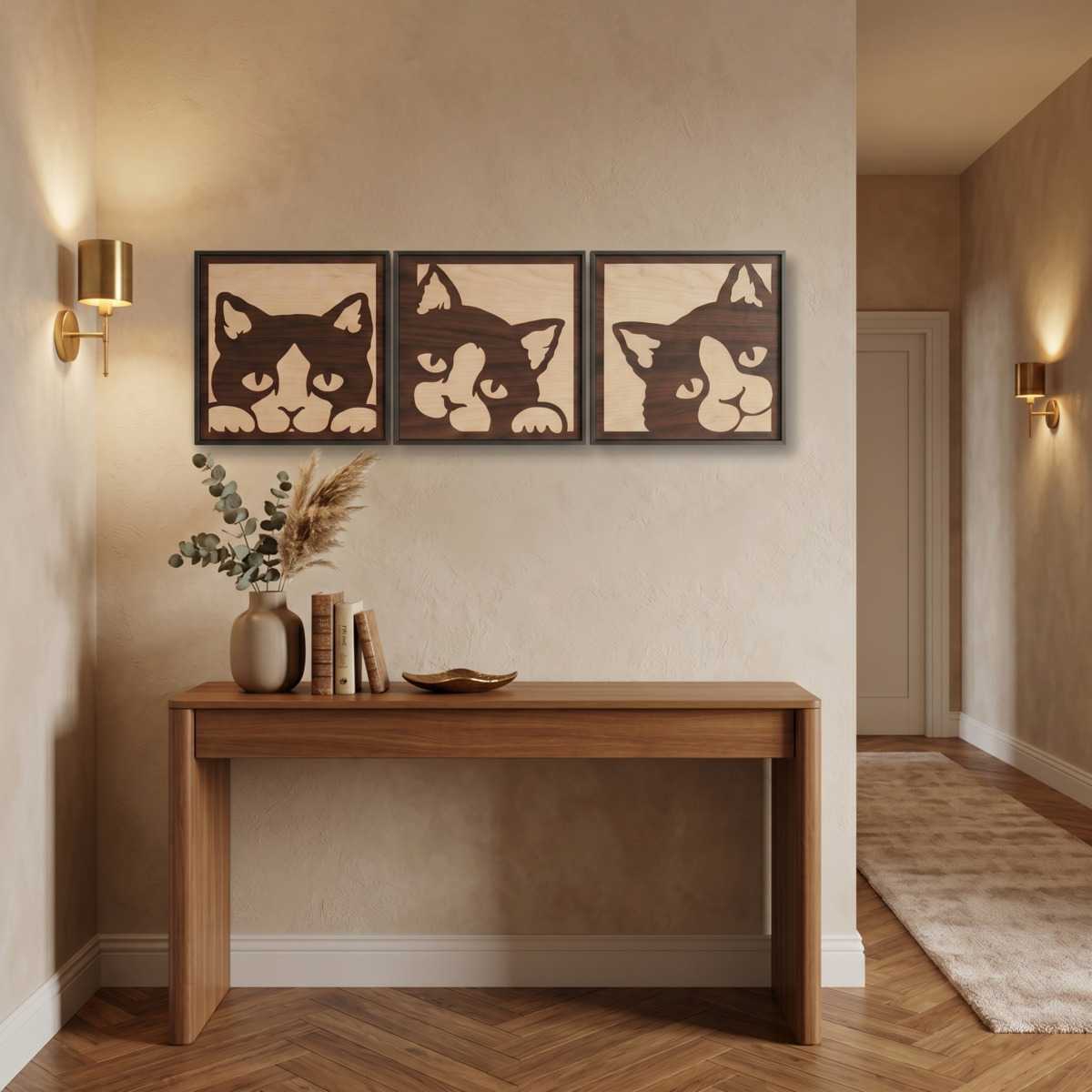 Peeking Cat Animal Wall Art Hallway Glamorwood Wood wall art featuring three cat head designs displayed above a wooden console table in a cozy entryway.