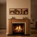 Three handcrafted wood wall art panels of cat faces are displayed above a wooden mantel with a glowing fireplace.
