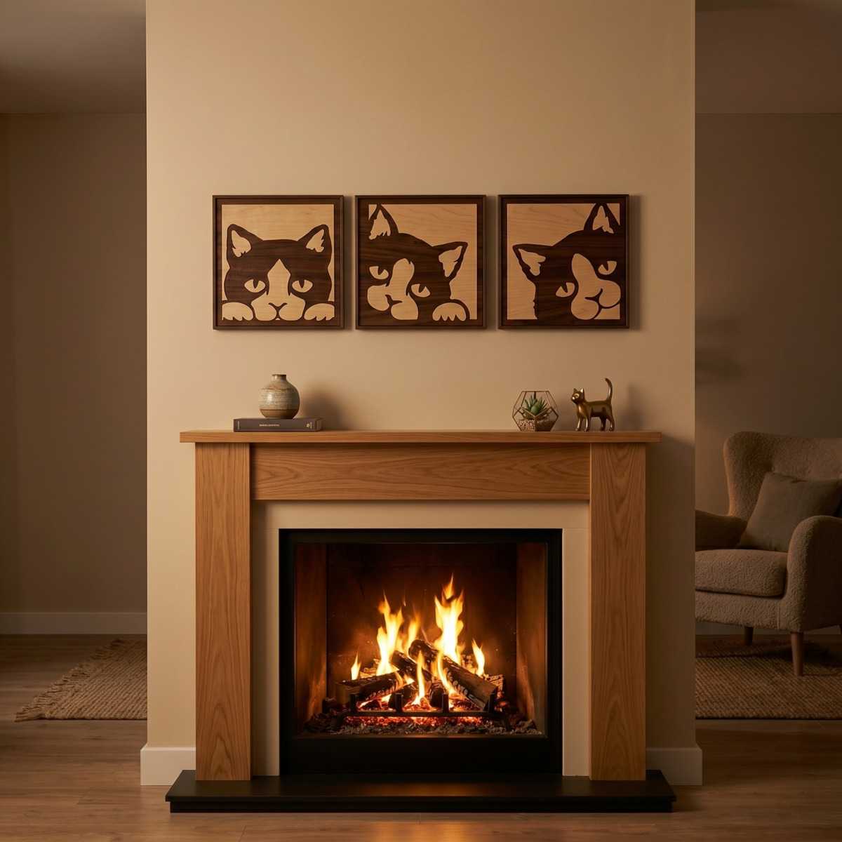 Peeking Cat Animal Wall Art Living Room Glamorwood Three handcrafted wood wall art panels of cat faces are displayed above a wooden mantel with a glowing fireplace.