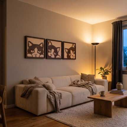 Animal wall art featuring three stylized cat wood panels above a cozy sofa in a warm living room