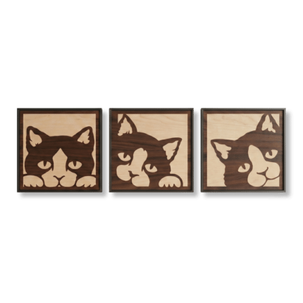 Three framed wooden wall art pieces depicting stylized cat faces in contrasting wood tones.