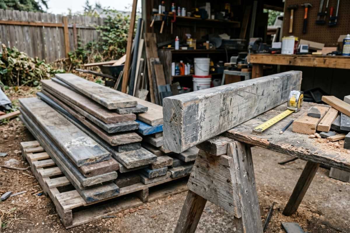 Stacked reclaimed wood planks in a workshop with tools on a workbench