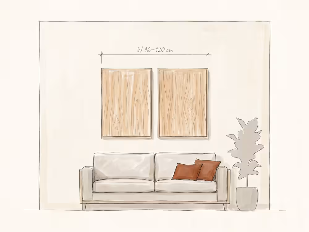 Large two-panel diptych wall art above a 3-seater sofa