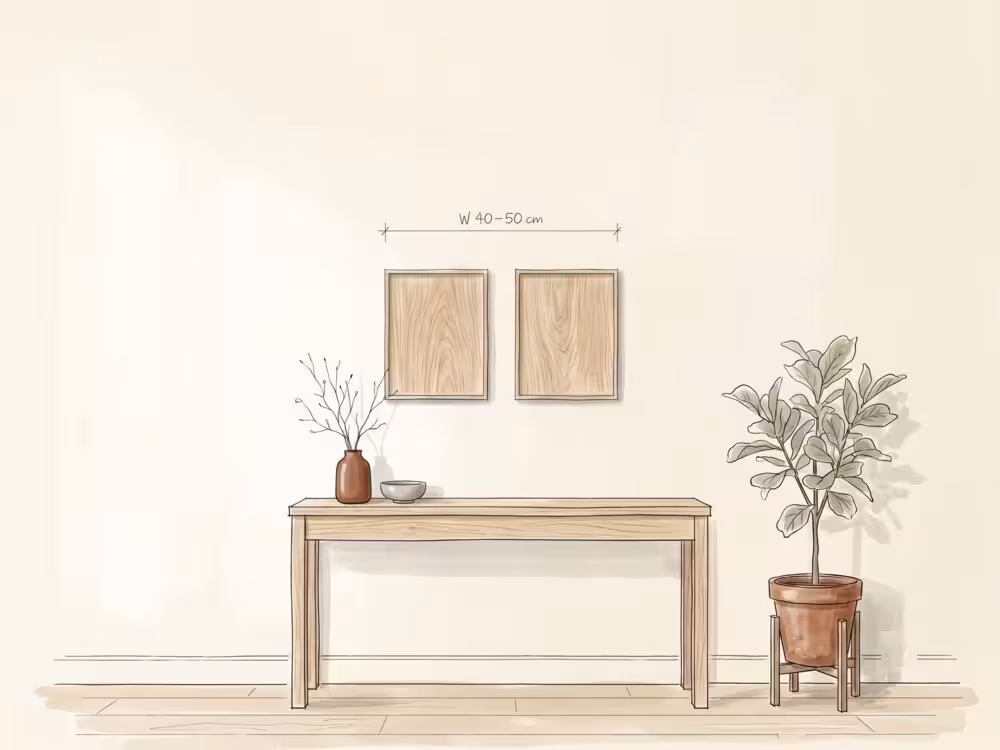 Small two-panel diptych wall art above a narrow console