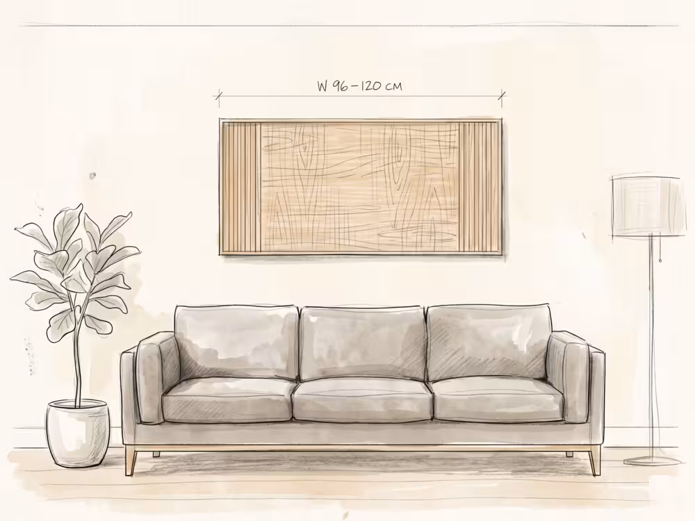 Large horizontal wall art above a 3-seater sofa