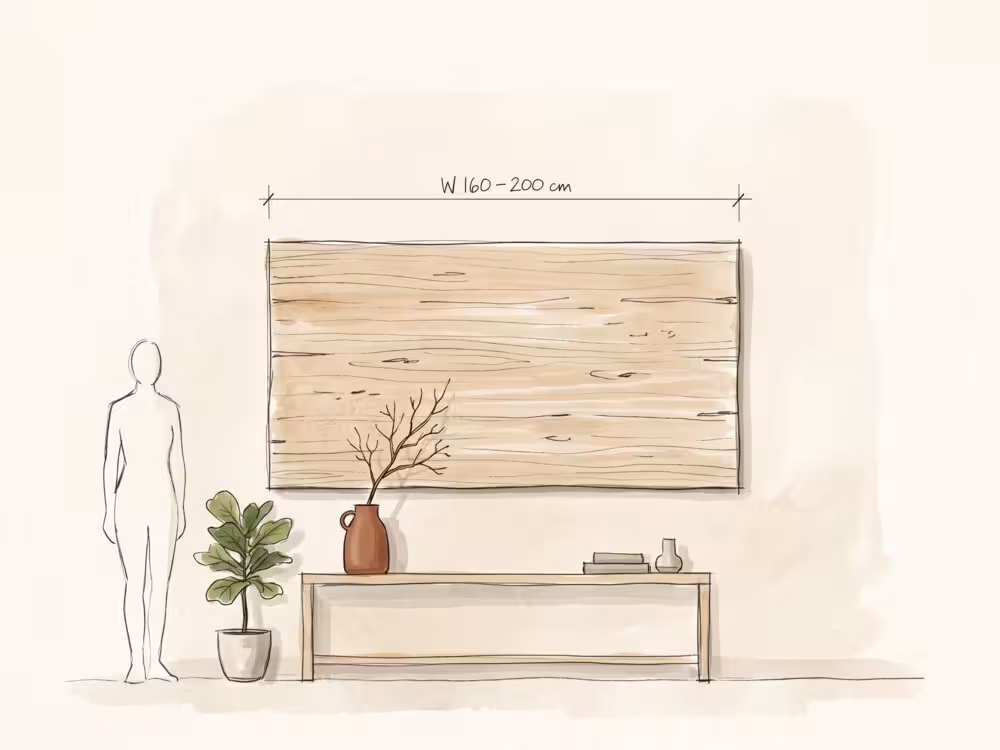 Oversized horizontal wall art on an open-plan feature wall