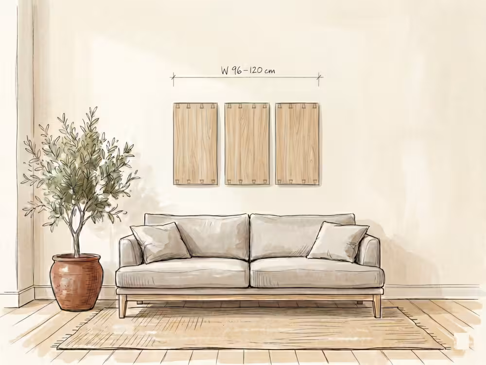 Large three-panel triptych wall art spanning above a 3-seater sofa