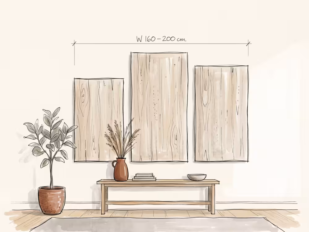 Oversized three-panel triptych wall art on an open-plan wall