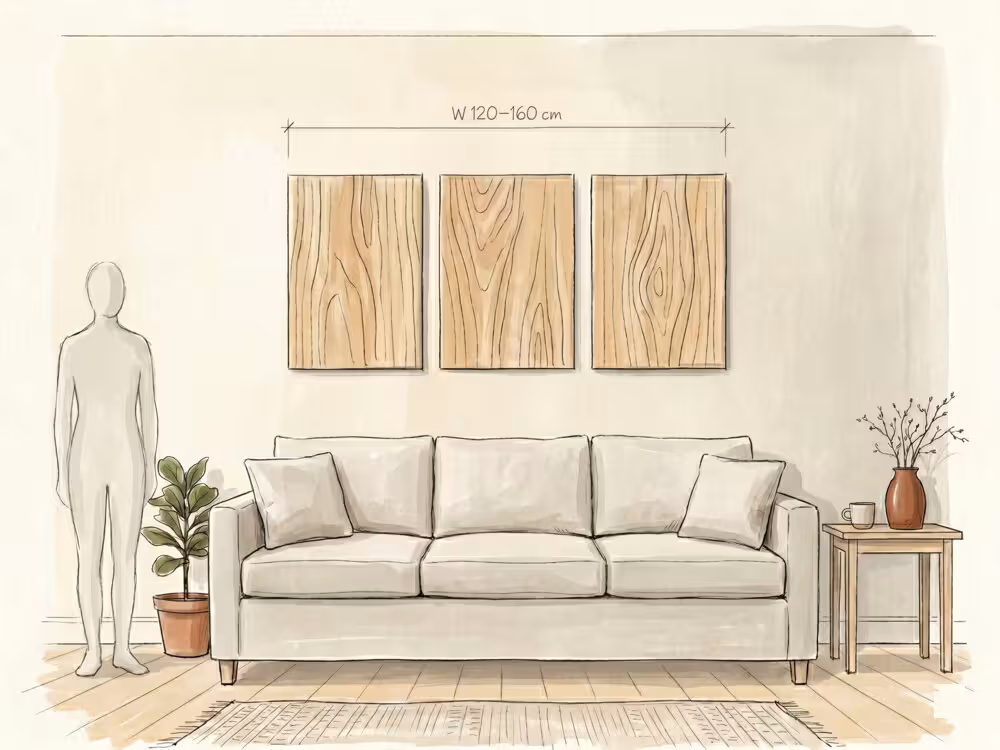 Extra large three-panel triptych wall art in a living room