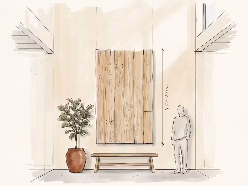 Oversized vertical wall art in a double-height entrance