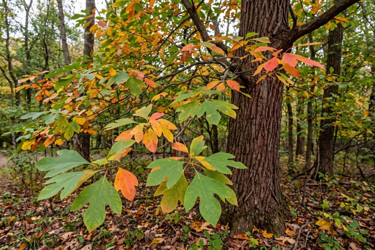Sassafras tree with green, orange and red autumn leaves in a woodland setting