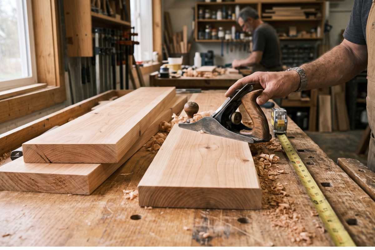 Woodworker hand-planing aliso wood boards in a workshop, with tools and shavings on the workbench
