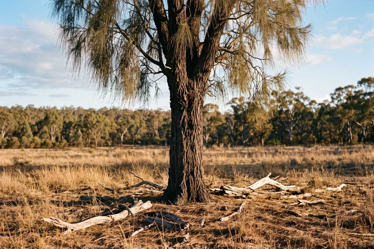 A mature tree with rough bark and drooping foliage in a dry grassland landscape
