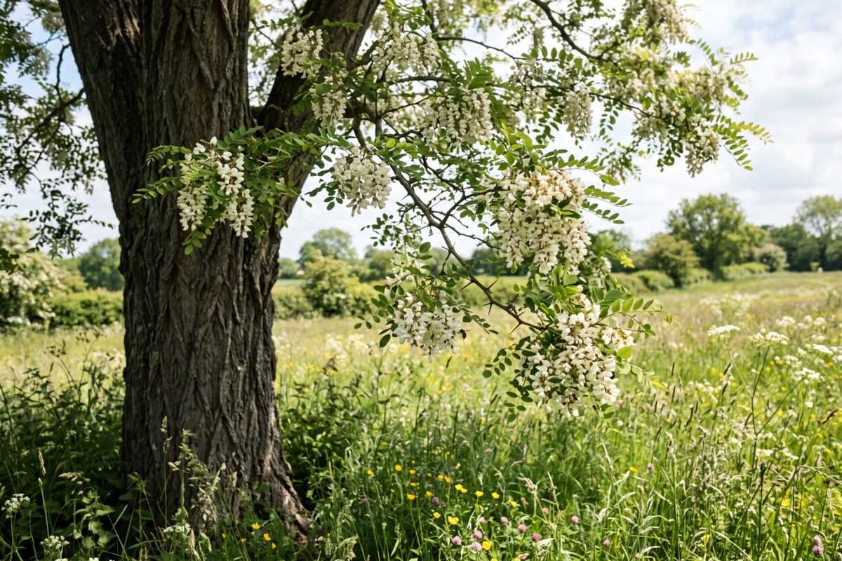 Honey locust vs black locust: flowering locust tree with white blooms in a sunny meadow