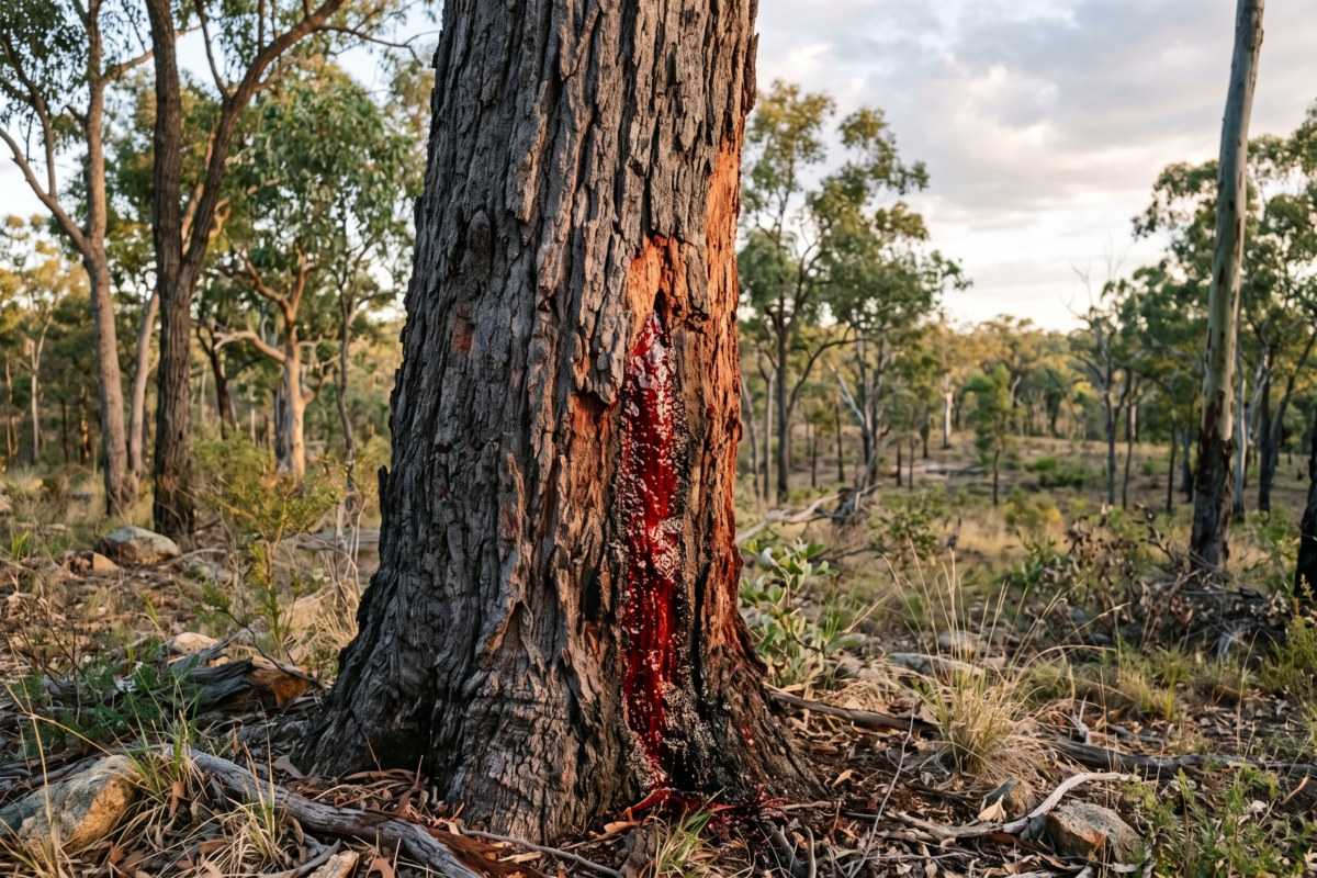 Bloodwood tree trunk bleeding red sap in a eucalyptus forest at sunset