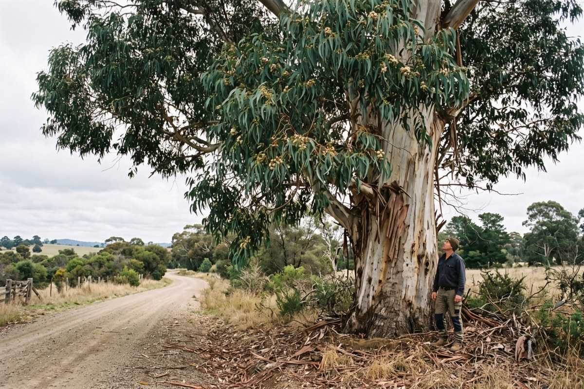 Blue gum tree towering beside a rural dirt road, with a person standing at its trunk