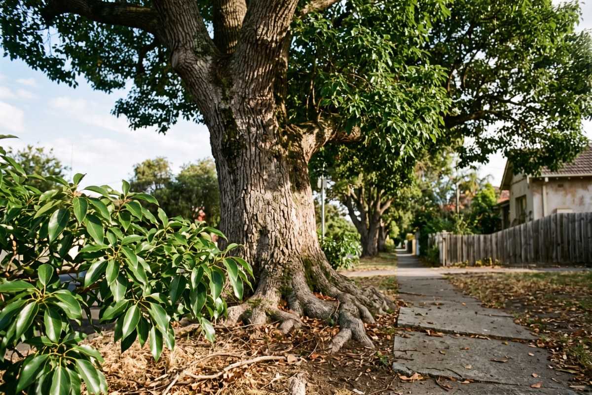 Camphor tree with a thick trunk beside a leafy residential sidewalk and wooden fence