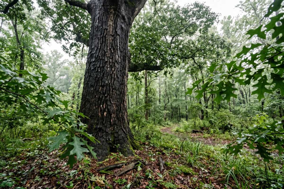 Hardwood trees in a lush forest, centered on a large mature tree with deeply textured bark