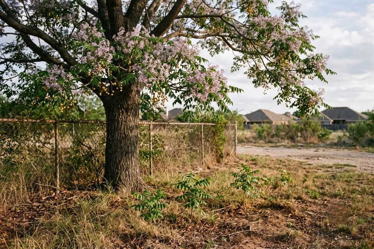 Chinaberry tree with purple blossoms beside a chain-link fence in a suburban vacant lot