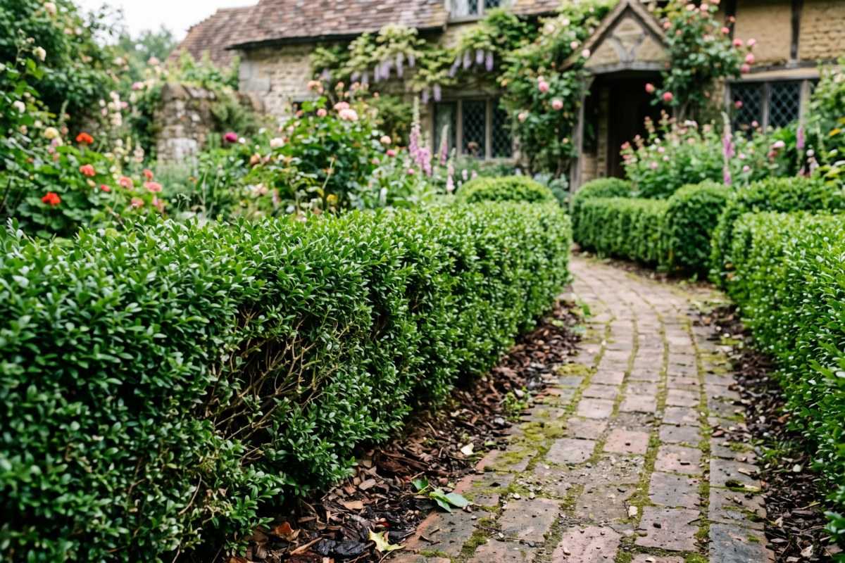 English boxwood hedges line a brick path through a cottage garden with blooming flowers