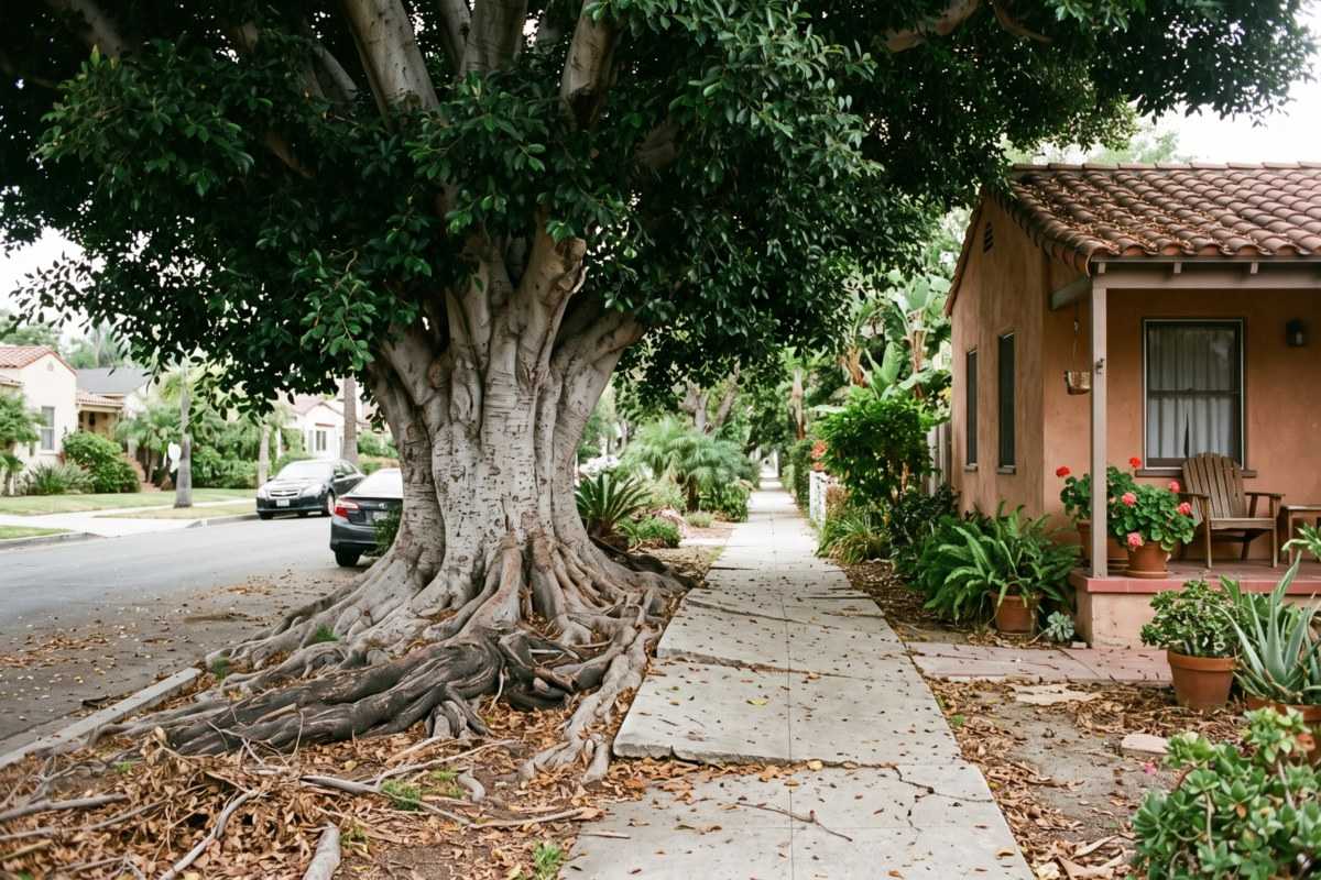 Camphor tree with sprawling roots beside a sidewalk and stucco house in a leafy residential neighborhood