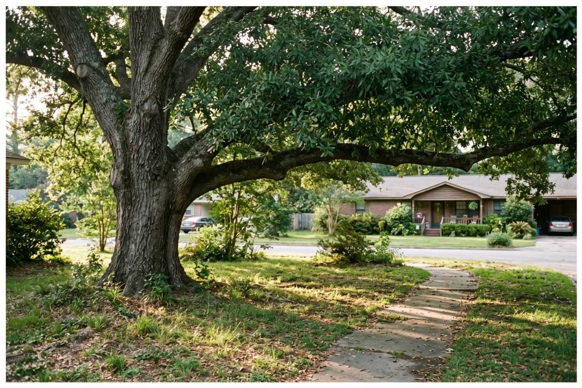Camphor tree with a broad trunk and leafy canopy in a suburban front yard beside a sidewalk