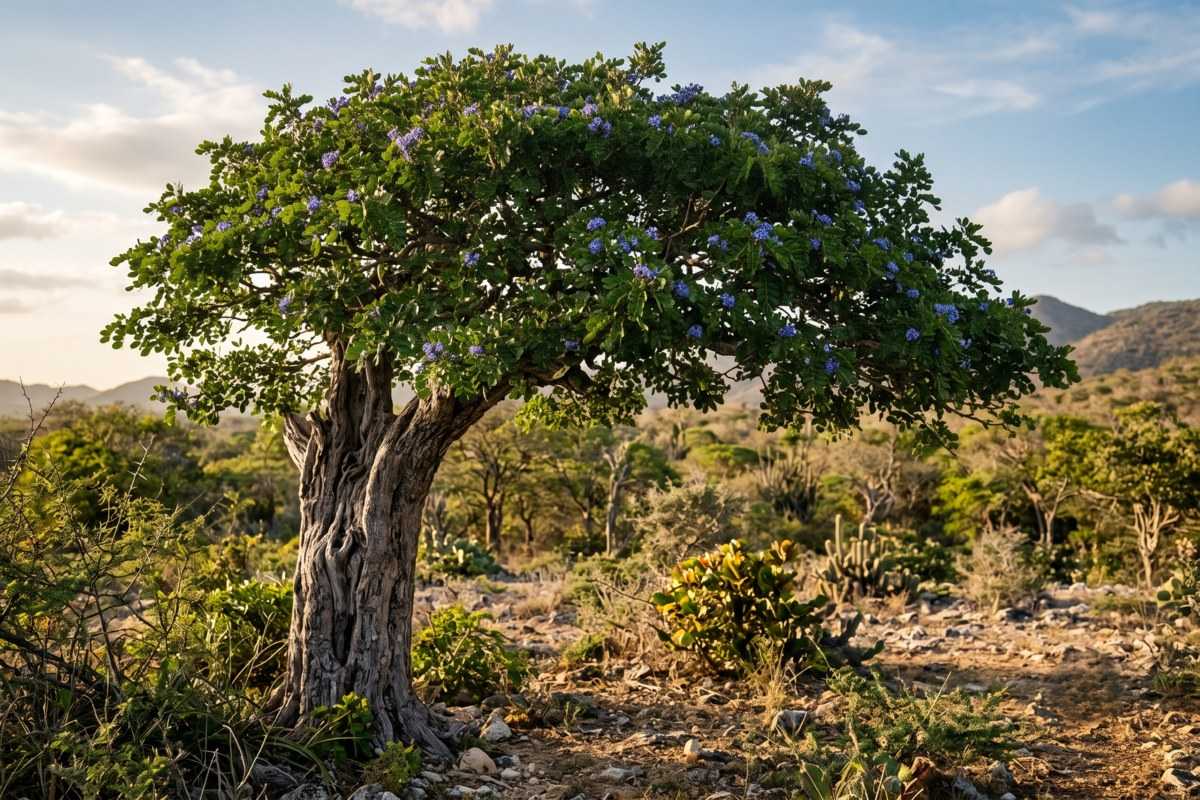 lignum vitae tree in dry landscape with spreading green canopy and purple flowers