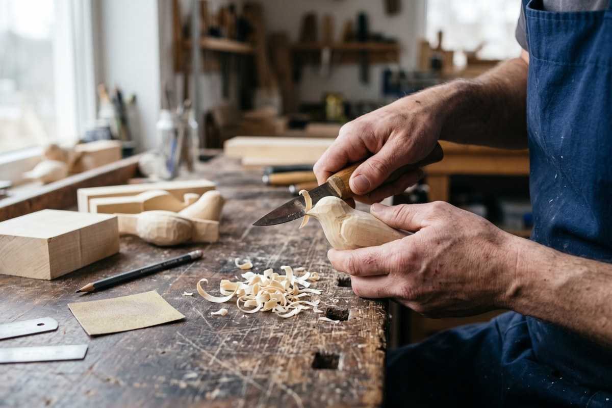 Craftsperson carving linden wood by hand at a workbench in a woodworking studio