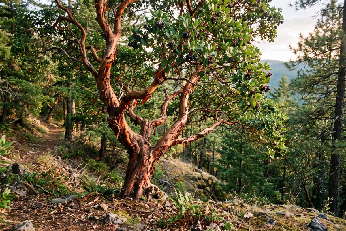 Madrone tree with twisting red bark in a sunlit forest hillside