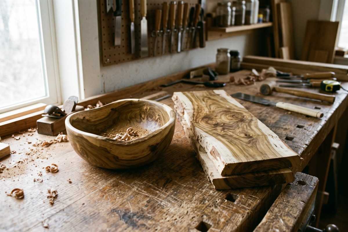 Woodworking bench with carved wooden bowl, timber slab, and hand tools in a workshop