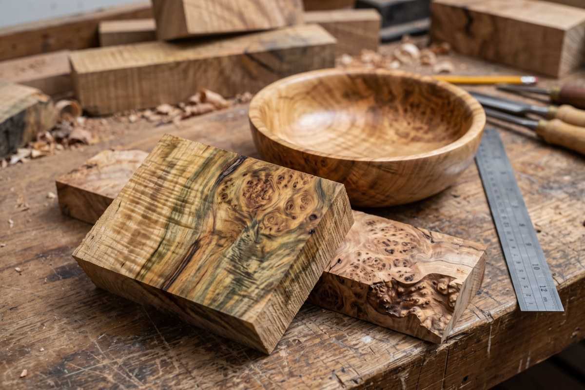 myrtle wood blocks and bowl on a workshop bench with carving tools and ruler