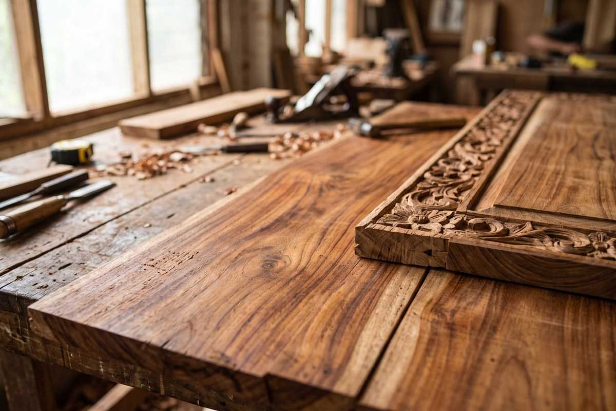 Narra tree wood wall art frame being carved on a workshop table with tools and wood shavings