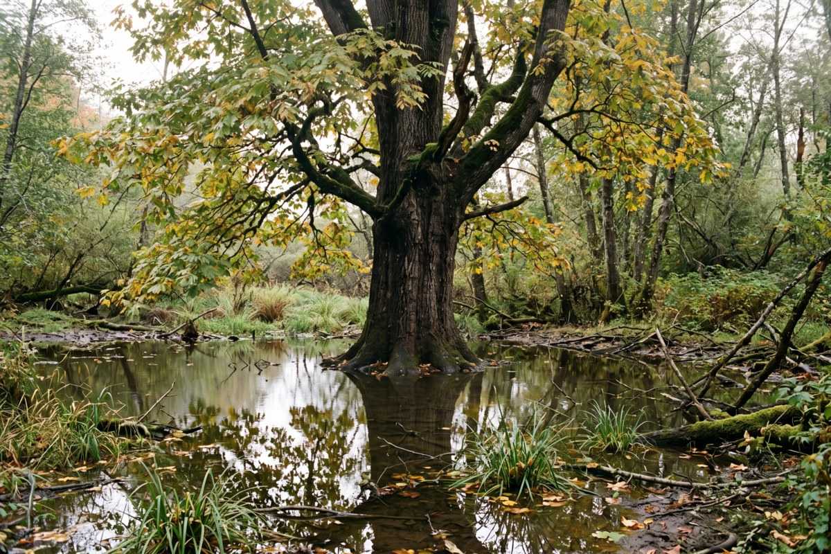 Black ash tree standing in shallow woodland water amid autumn foliage
