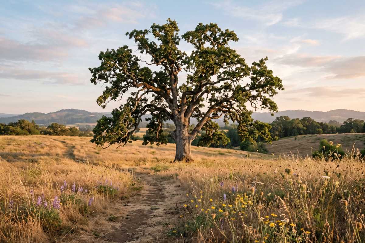 Madrone tree standing in a golden meadow with wildflowers and distant hills at sunset