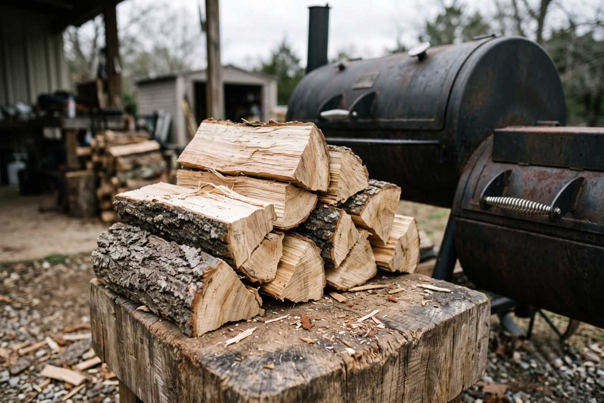 Split overcup oak firewood stacked on a chopping block beside a smoker grill outdoors