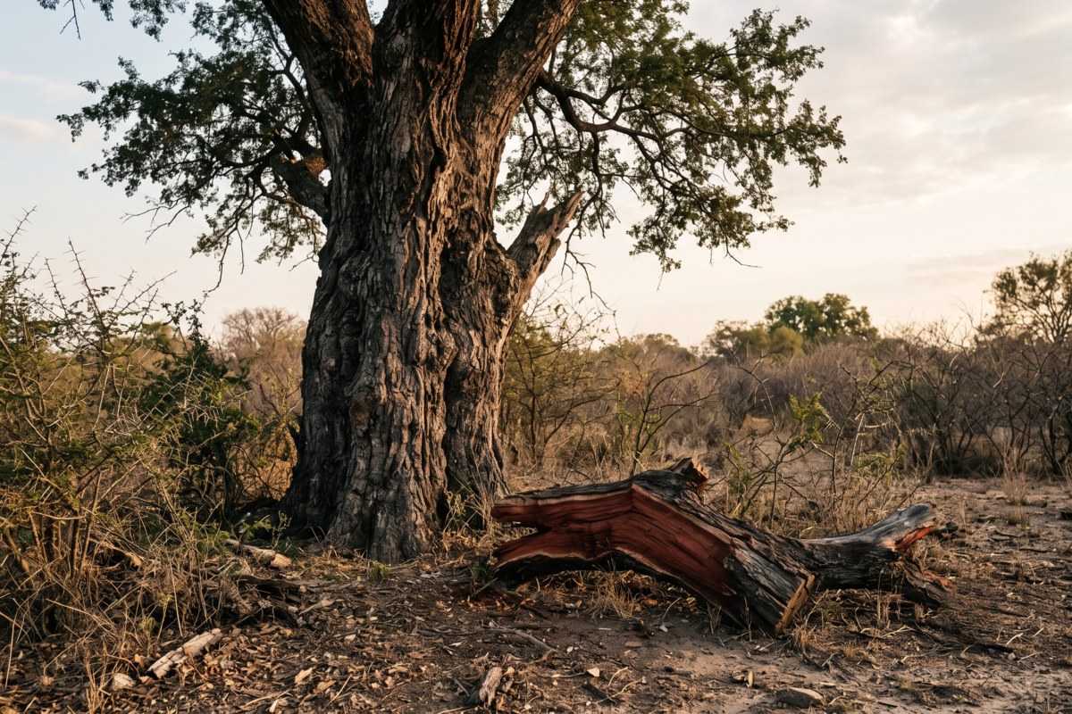 Ironwood tree with deeply textured trunk beside a fallen branch in dry woodland at sunset