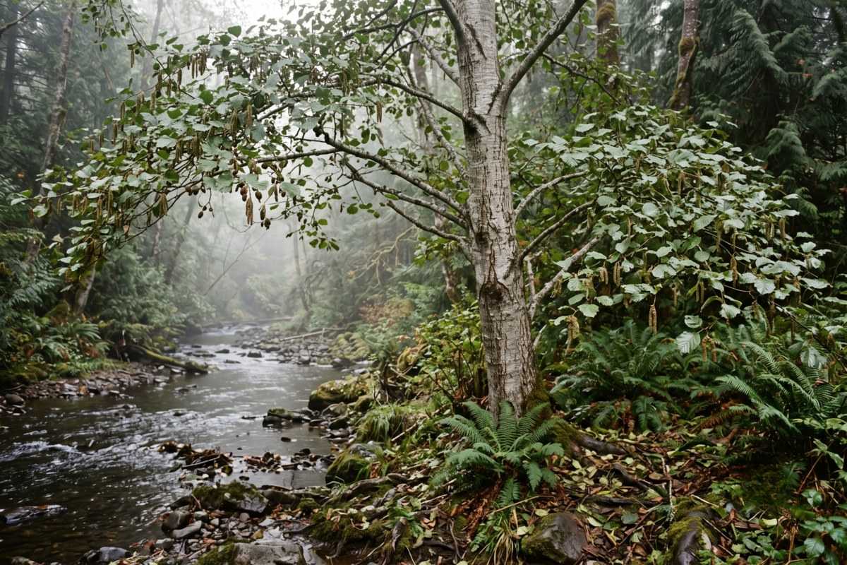 Alder wood tree beside a rocky forest stream surrounded by ferns and misty evergreens