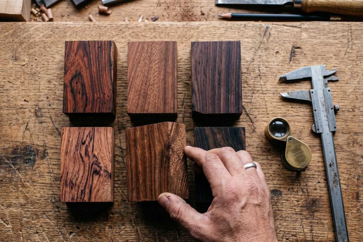 Rose wood blocks on a workbench with a craftsman's hand, caliper and magnifying loupe