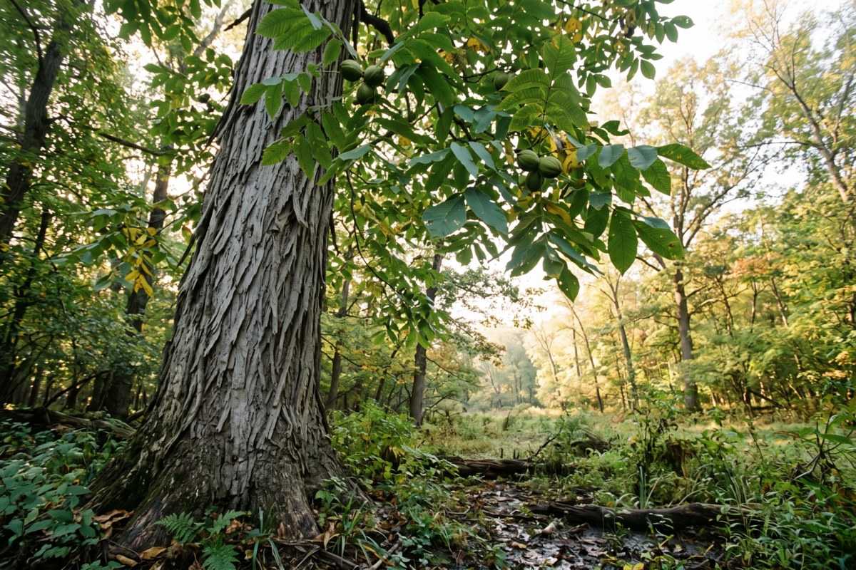 Mockernut hickory tree with shaggy bark and green nuts in a sunlit woodland