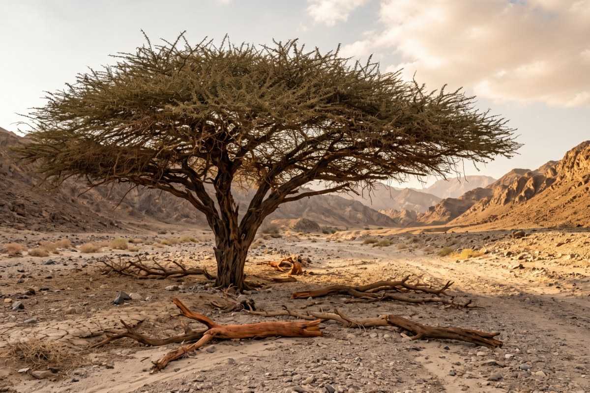 Shittim wood acacia tree standing in a rocky desert valley beneath a warm, clouded sky